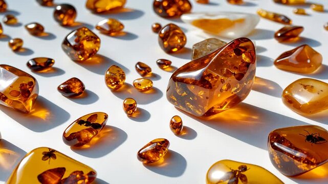 A plentiful amount of amber against a white backdrop. A collection of amber fragments containing insects within. Minerals originating from a resin tree set on a white background. Amber showcasing