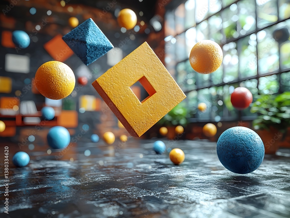 Poster geometric shapes float in a virtual classroom
