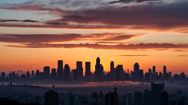 A stunning sunset with bright orange and yellow tones colors the sky, creating silhouettes against a far-off skyline; the dispersed clouds enhance texture and depth, fostering a calm twilight