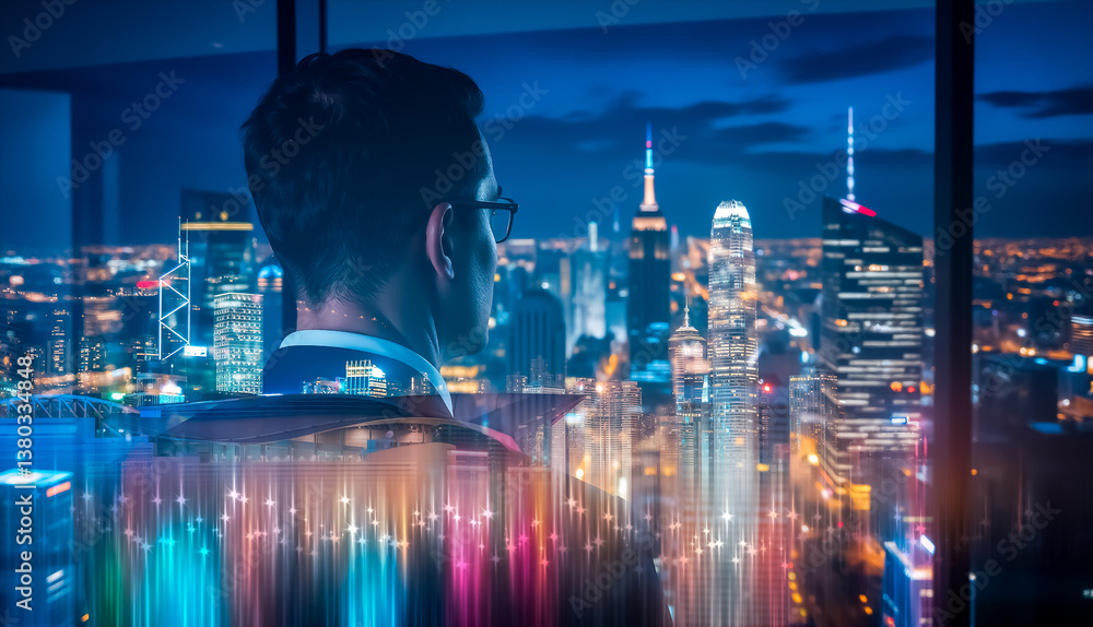 Aufkleber a man gazes at the dazzling hong kong cityscape at night using double exposure. vibrant light streak
