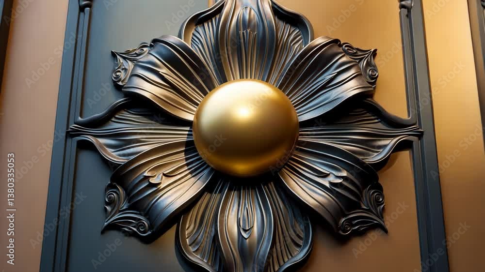 Poster a close-up view of a rectangular metal door featuring an intricate flower pattern made from composit