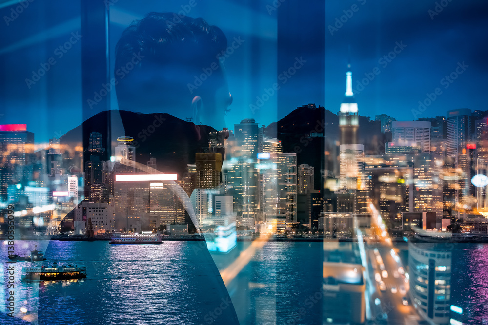 Poster a double exposure shot merges a silhouette figure with the vibrant, illuminated skyline of hong kong