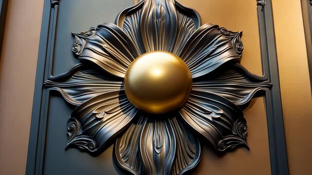 A close-up view of a rectangular metal door featuring an intricate flower pattern made from composite materials. The amber hue contrasts with the symmetry of the artwork, resulting in a distinctive