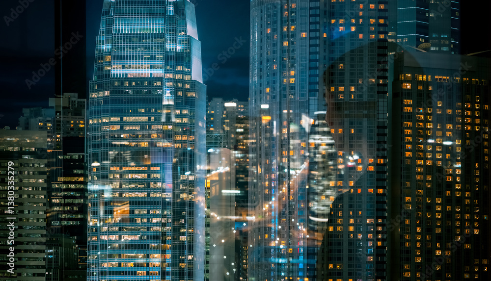 Poster Hong Kong cityscape at night using double exposure technique. Blending modern architecture with city lights creating an abstract, dreamy urban scene.