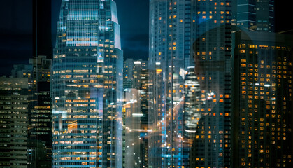 Hong Kong cityscape at night using double exposure technique. Blending modern architecture with city lights creating an abstract, dreamy urban scene.