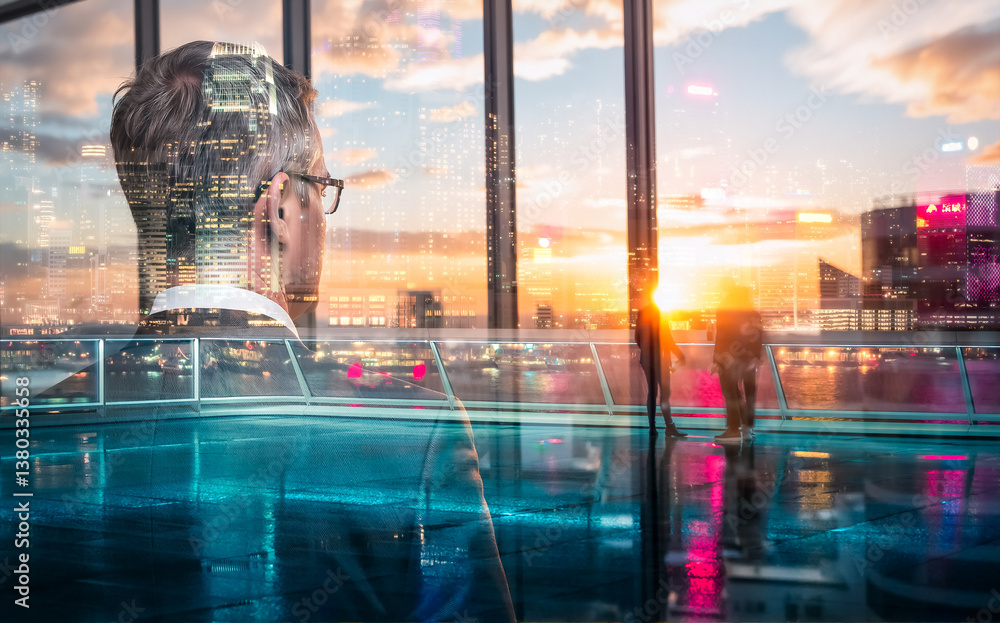 Aufkleber Contemplative figure gazes at Hong Kong skyline using double exposure. Urban scene blends with person in suit looking out from a high window view.