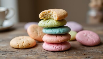 A stack of vibrant, chewy and delicate almond based cookies in an array of pastel hues sitting atop a rustic wooden table.