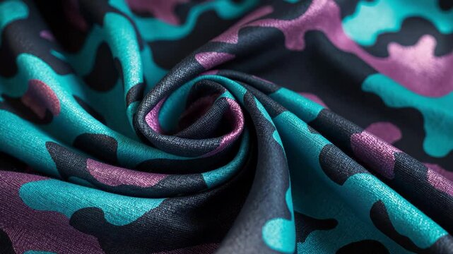 Abstract Camouflage Fabric presents a detailed view of the fabric featuring a camouflage design that incorporates hues of blue, turquoise, and dark gray.
