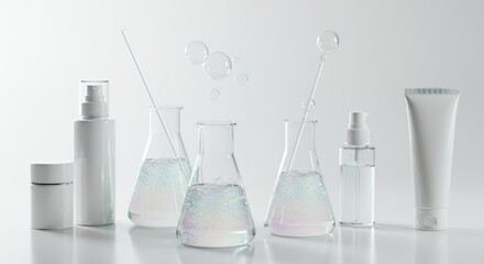 Iridescent Potions in Glass Beakers and White Cosmetic Bottles
