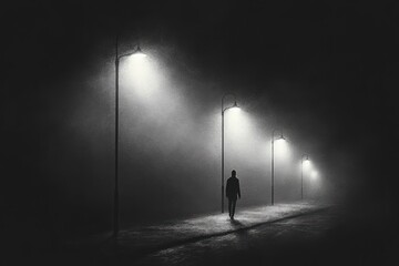 Lonely Man Walking in the Dark Surreal Mystery Night Illustration Monochromatic Solitude Urban Shadows