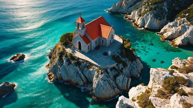 Aerial perspective of the islet and its small church on the hilltop located near a resort town by the Adriatic Sea.