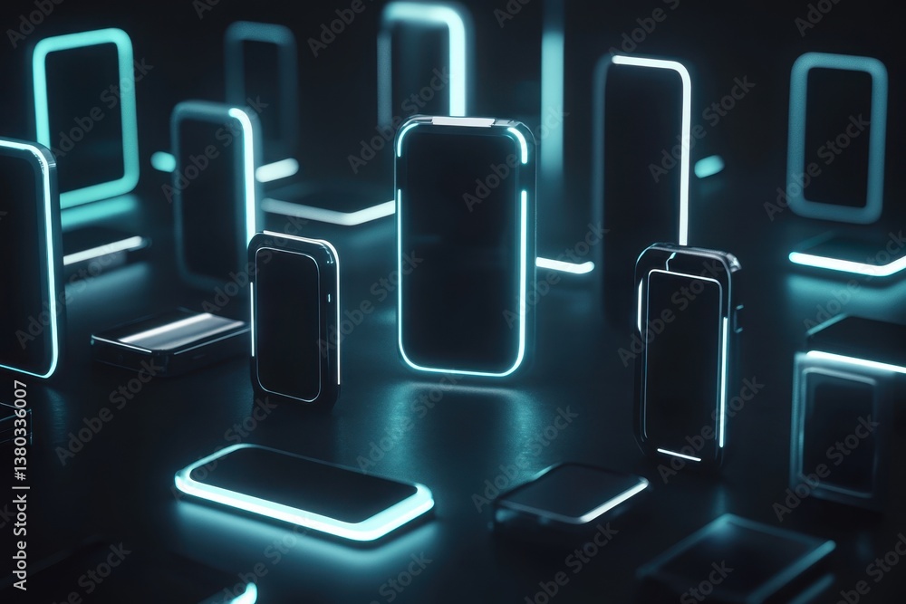 Aufkleber futuristic display of illuminated smartphone models in a tech showroom environment