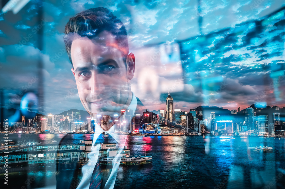Poster a double exposure image presents a businessman's portrait seamlessly merged with a vibrant hong kong