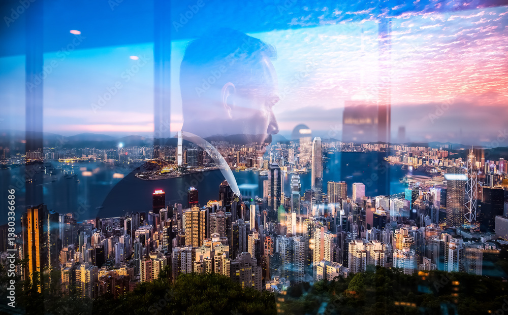 Poster hong kong cityscape with double exposure. individual gazes at the sprawling city skyline, blending w