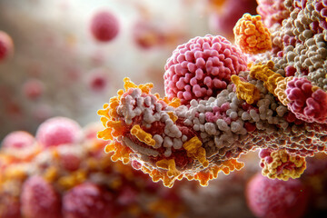 A photorealistic close-up of protein motifs interacting at the molecular level, including zinc fingers, leucine zippers, and helix-turn-helix structures