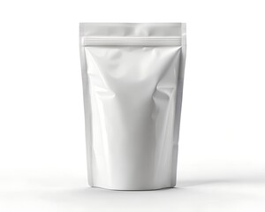 Beautiful luxury white recycled plastic, resealable doy pack, pouch bag, mockup packaging, design template for coffee or cosmetic product, front view, on white background 