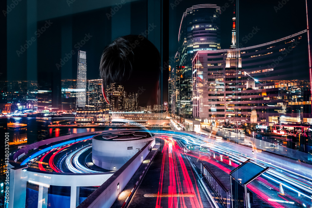Poster double exposure artfully merges a person's silhouette with hong kong's vibrant night cityscape. mode