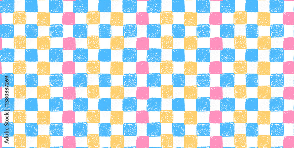 Poster gingham seamless pattern. mosaic ornament with jagged red blue yellow squares drawn with colorful ch