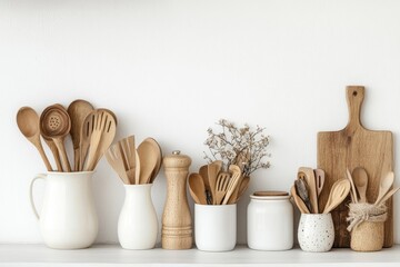 Wooden kitchen utensils arranged on a white shelf