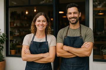 Smiling cafe owners standing outside.
