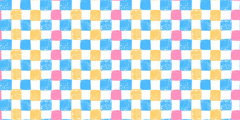 Fototapeta premium Gingham seamless pattern. Mosaic ornament with jagged red blue yellow squares drawn with colorful charcoal. Modern background painted by color chalk, pastel. Crayon rough rectangular backdrop. Vector