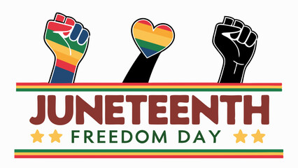 Naklejka premium Juneteenth Freedom Day Celebration Graphic with Rainbow Heart and Raised Fists.