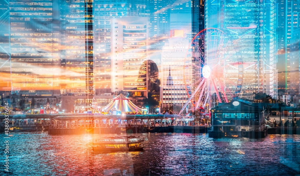 Poster double exposure of hong kong's vibrant cityscape merges modern architecture with a colorful sunset s