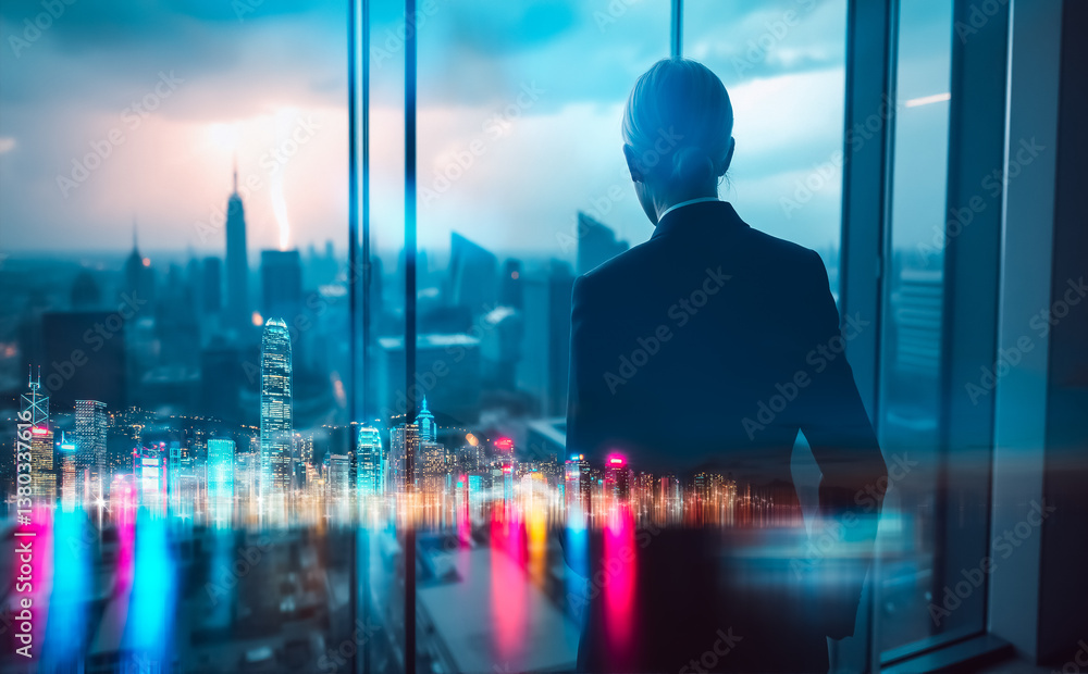 Poster a double exposure captures a person in a suit gazing at the hong kong cityscape through a large wind