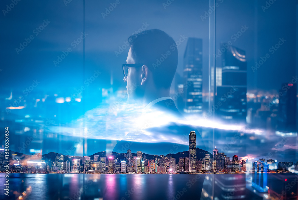 Poster a contemplative figure gazes towards the vibrant hong kong skyline in a double exposure, blending am