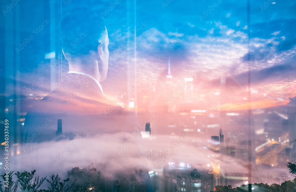 Poster a double exposure image of a person looking over hong kong skyline at dusk. city lights glow amidst 
