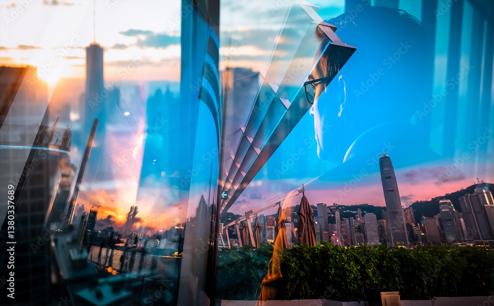 Poster Hong Kong urban scene with a double exposure effect at sunset. City buildings and sky are visually layered, creating an abstract and dynamic view.