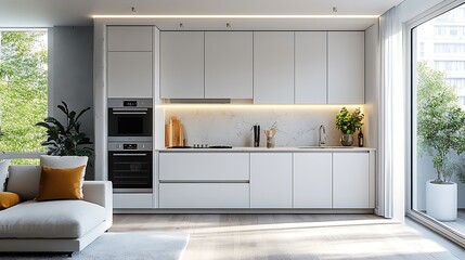 Modern kitchen in cozy studio apartment, matte white flat-panel cabinetry, integrated oven and fridge, bright natural sunlight from window, subtle decor and clean lines.