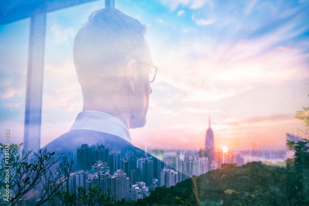 Poster a double exposure image artfully merges a man in a suit contemplating the vibrant hong kong cityscap