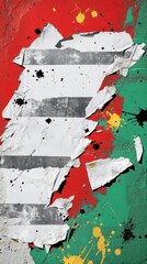 Fototapeta premium A stylish background with torn white and gray posters layered over a vibrant red and green wall, with scattered black and yellow paint splashes