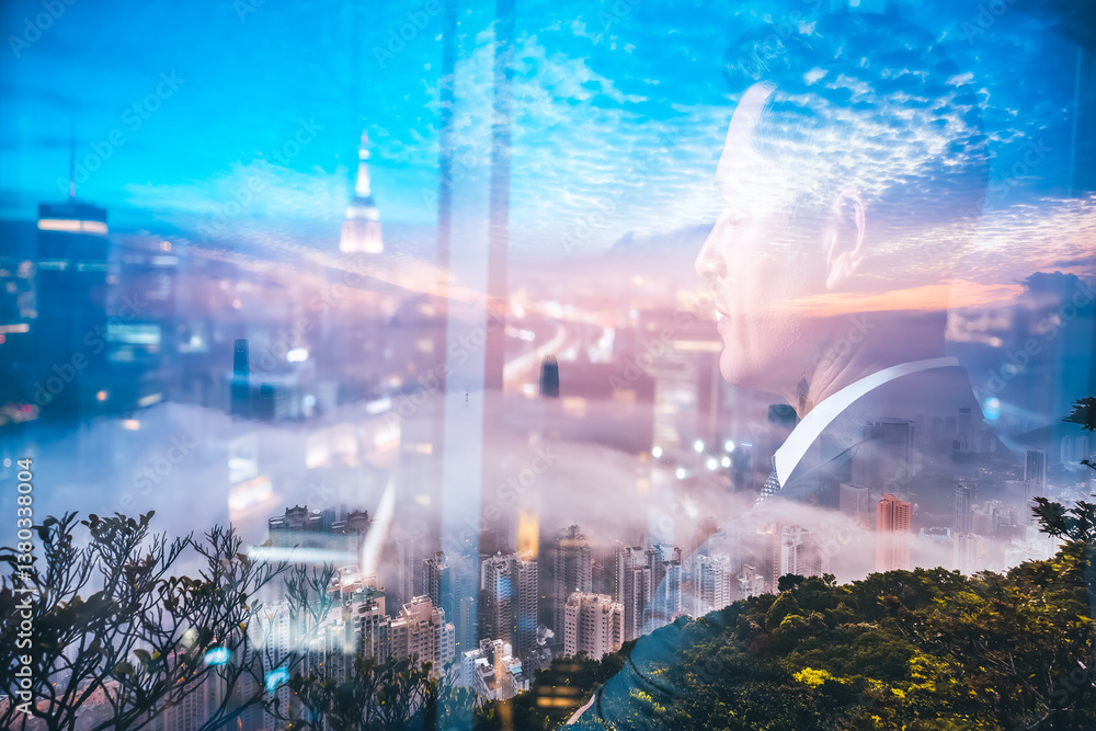 Aufkleber A double exposure image showing a person's profile blended with the vibrant cityscape of Hong Kong at dusk, creating a dreamy and reflective atmosphere.