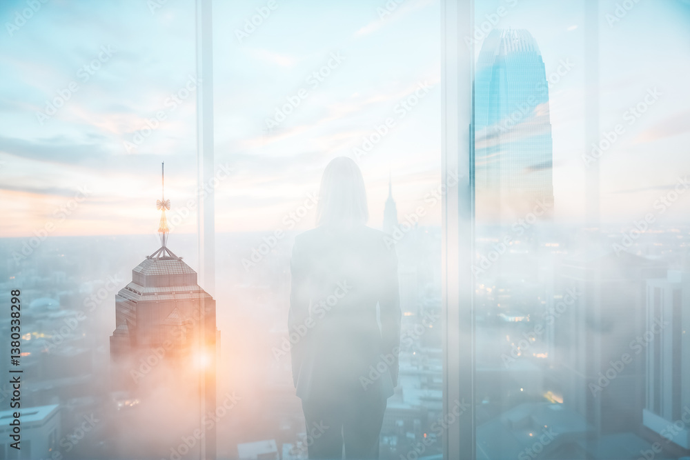 Poster woman gazes at hong kong cityscape, seen through a window with double exposure effect. layered build