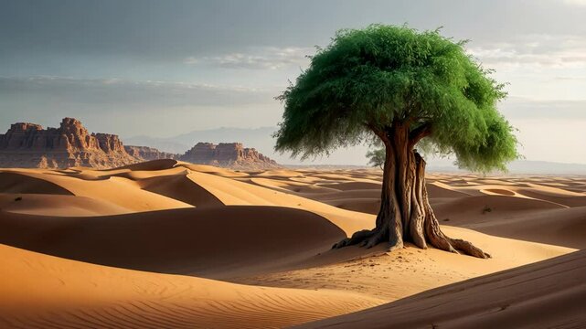 A solitary Ghaf tree stands watch in arid desert sand dunes. The drought-resistant evergreen tree battles desertification.