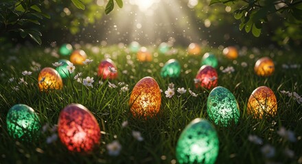 A whimsical Easter Bunny peeking out from behind a large painted egg, surrounded by lush green grass and small, colorful wildflowers. The scene is bathed in soft, golden-hour sunlight, with a distant 