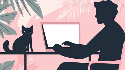 Man Works, Cat Sits at Desk, Tropical Background. Home Office Style