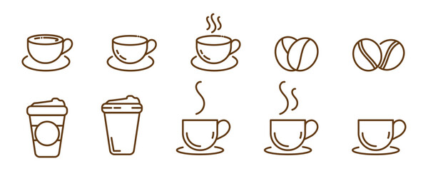 Set of linear coffee cup icons isolated on transparent background. Cup with saucer and steam, coffee beans line icons.  