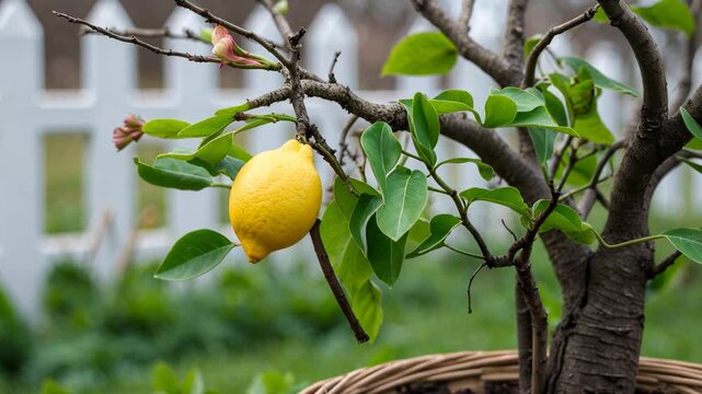 A small Meyer lemon developing on an unhealthy tree. The tree is in a pot and outside. The branches are devoid of leaves as they have fallen off. Despite its frail condition, a lemon is emerging from