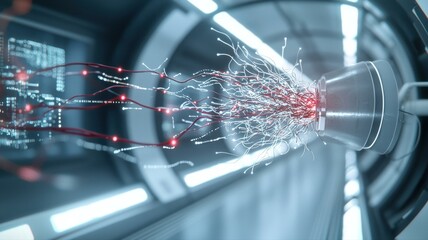 Futuristic data stream visualized in a high-tech digital corridor, showcasing innovation and connectivity.