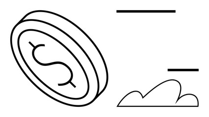 Coin with dollar sign in rotation near dynamic lines and cloud. Ideal for finance, investment, savings, cryptocurrency, economics, wealth, business. Flat simple metaphor