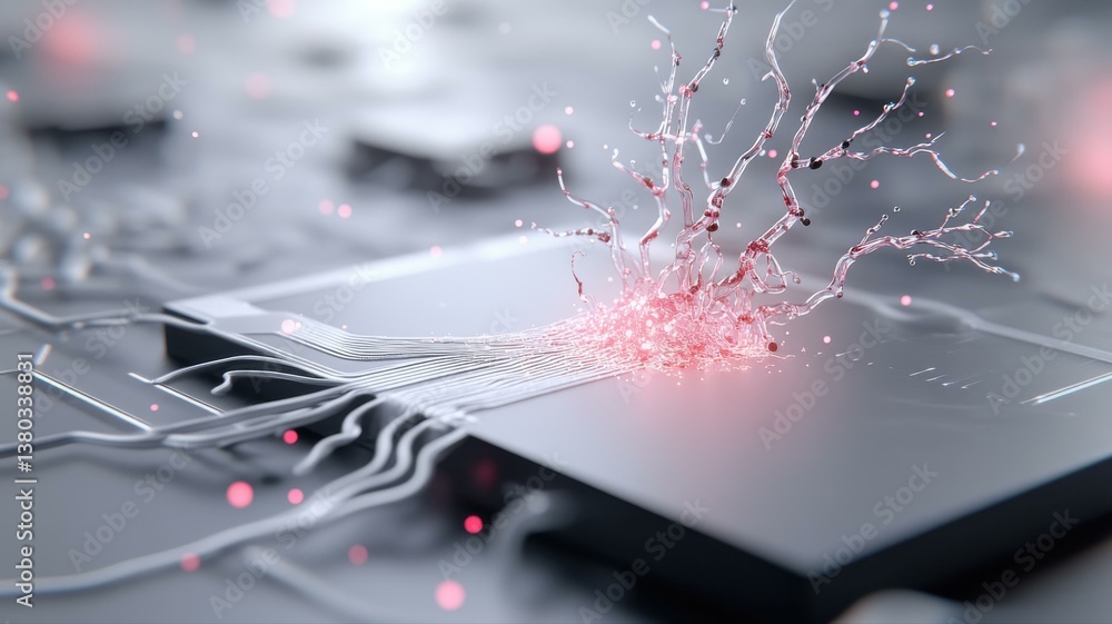 Poster futuristic microchip with glowing neural network connections, representing advanced technology and i