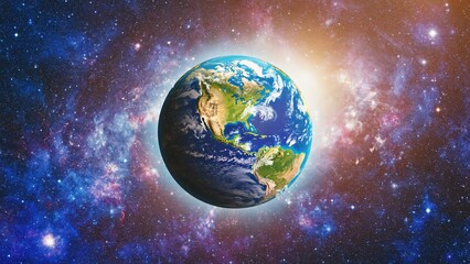 Naklejka premium Planet Earth in colorful nebula with glowing cosmic background