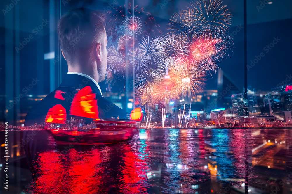 Aufkleber A man in a suit contemplates the vibrant Hong Kong cityscape and dazzling fireworks display through a window, using a double exposure technique.