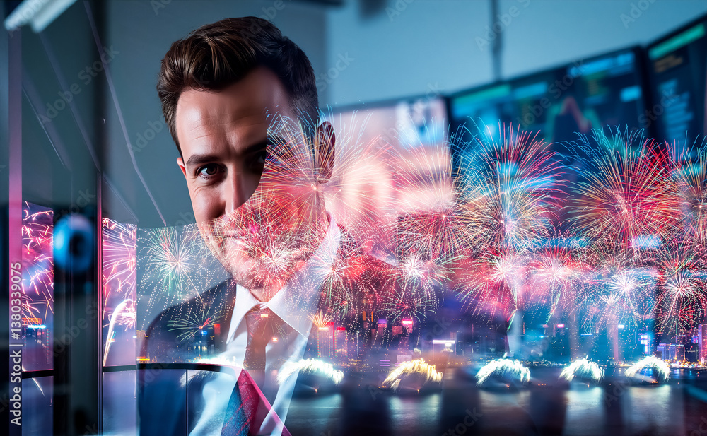 Poster Smiling man in suit with double exposure of vibrant fireworks display over Hong Kong cityscape at night. City skyline backdrop.