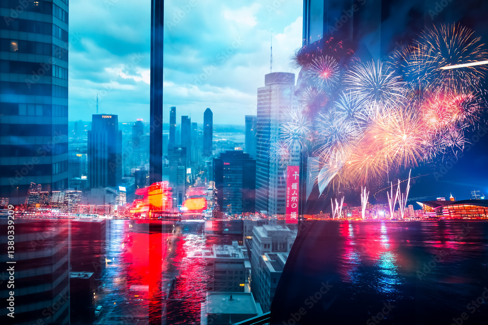 Poster hong kong cityscape with a double exposure effect showcasing vibrant fireworks illuminating the nigh