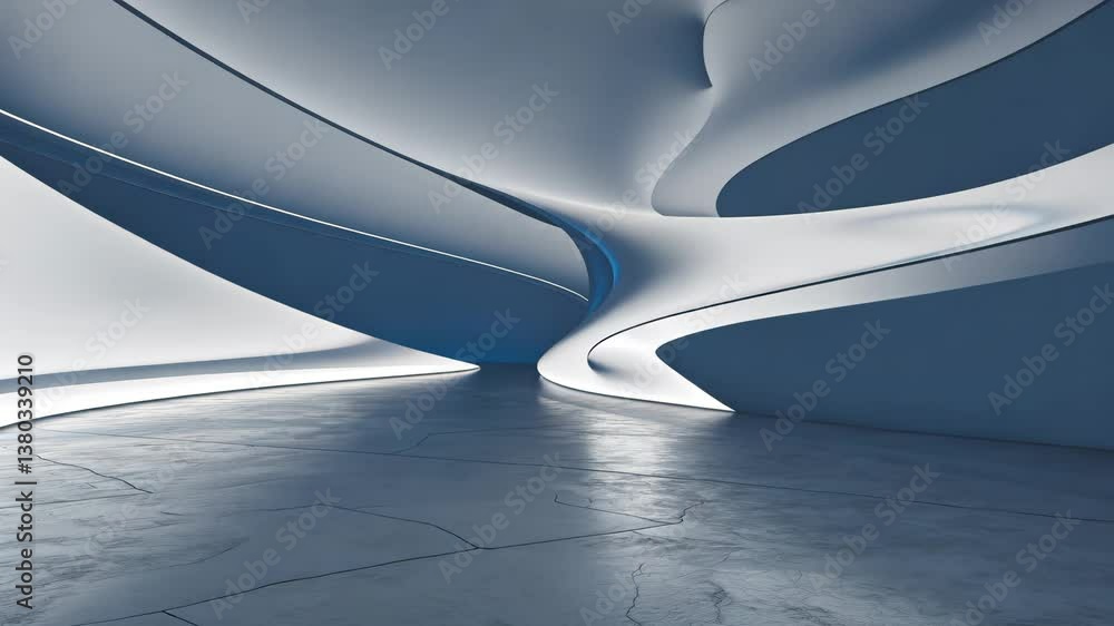 Poster 3d rendering of an abstract curved structural design featuring a bare concrete floor.