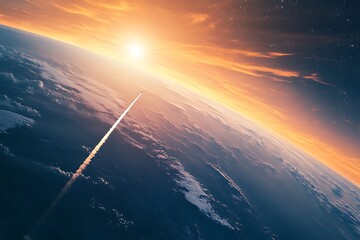 A lone spacecraft streaks across a breathtaking sunset over Earth, leaving a fiery trail against the vibrant orange and blue hues of the atmosphere.